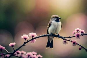 une oiseau est assis sur une branche avec rose fleurs. généré par ai photo