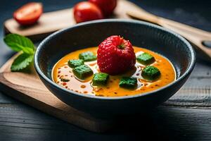 une bol de soupe avec des fraises et concombres. généré par ai photo