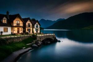 une maison sur le Lac à nuit. généré par ai photo