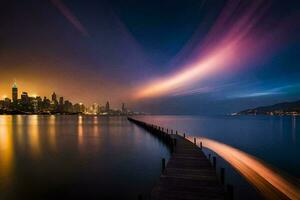 une longue exposition photographier de une ville horizon à nuit. généré par ai photo