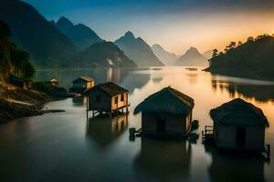 photo fond d'écran le ciel, montagnes, eau, cabanes, le montagnes, le eau, le. généré par ai