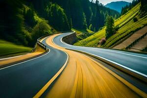 une long, enroulement route dans le montagnes. généré par ai photo