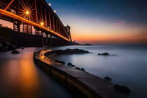 une pont plus de le océan à le coucher du soleil. généré par ai photo