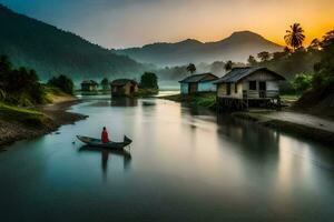 le lever du soleil plus de le rivière. généré par ai photo