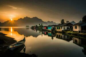une bateau est assis sur le rive de une Lac à le coucher du soleil. généré par ai photo
