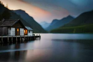une petit cabine est assis sur le bord de une lac. généré par ai photo