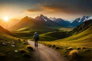 une homme sur une bicyclette monte par le montagnes à le coucher du soleil. généré par ai photo