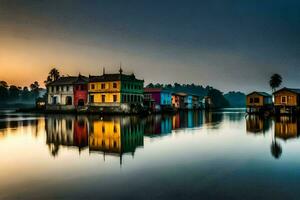 coloré Maisons sur le l'eau à le coucher du soleil. généré par ai photo