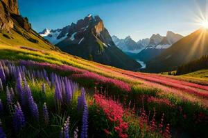 fleurs et montagnes dans le Soleil. généré par ai photo