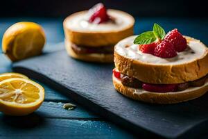 deux des sandwichs avec des fraises et citron tranches. généré par ai photo