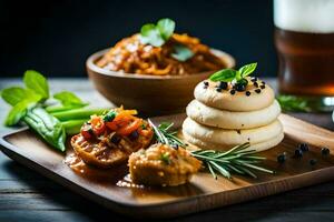 une assiette avec nourriture et Bière sur il. généré par ai photo