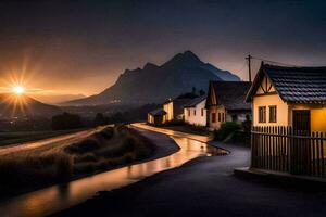 une petit village dans le montagnes à le coucher du soleil. généré par ai photo