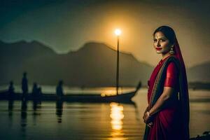 une femme dans une rouge sari permanent dans de face de une bateau. généré par ai photo