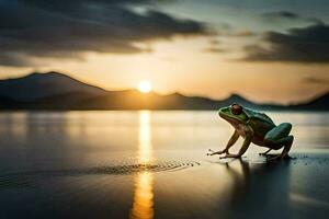 une grenouille est permanent sur le plage à le coucher du soleil. généré par ai photo