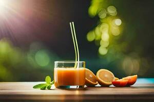 une verre de Orange jus avec une paille sur une tableau. généré par ai photo