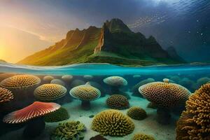 une magnifique sous-marin scène avec une Montagne et une mer de corail. généré par ai photo
