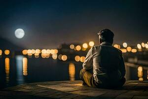 une homme séance sur le bord de une Dock à nuit avec le lune dans le Contexte. généré par ai photo
