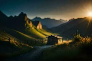 une petit cabane est assis sur une saleté route dans le montagnes. généré par ai photo