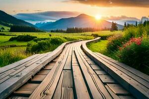 en bois chemin dans le montagnes. généré par ai photo