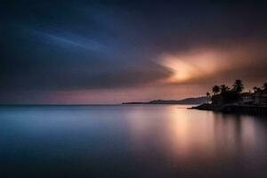 une longue exposition photographier de une plage à nuit. généré par ai photo