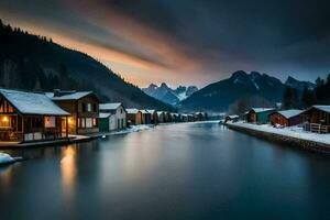 photo fond d'écran le ciel, montagnes, eau, Maisons, rivière, coucher de soleil, hiver, le montagnes. généré par ai