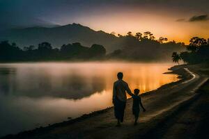 une père et fils marcher le long de le rive de une Lac à lever du soleil. généré par ai photo