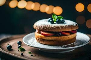 une sandwich avec baies et sucre sur une plaque. généré par ai photo