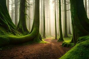 une chemin par une forêt avec moussu des arbres. généré par ai photo