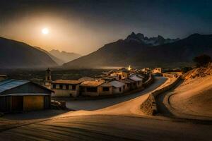 le Soleil ensembles plus de une village dans le montagnes. généré par ai photo