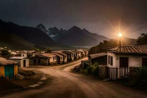 une saleté route dans le milieu de une village avec montagnes dans le Contexte. généré par ai photo