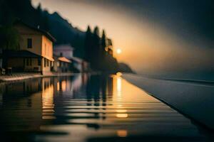 une longue bassin avec Maisons à le coucher du soleil. généré par ai photo