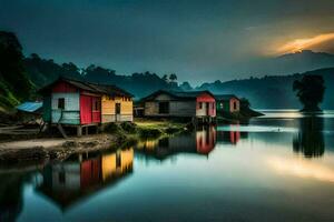 une Lac avec Maisons sur le rive. généré par ai photo