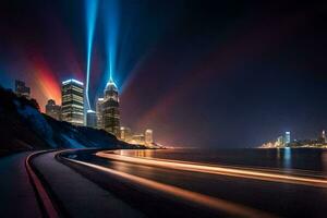 le ville lumières en haut à nuit avec longue exposition. généré par ai photo