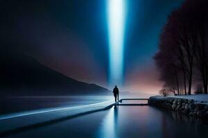 une homme des stands sur une Dock à nuit avec une faisceau de lumière à venir de le ciel. généré par ai photo