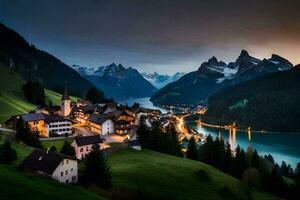 le village de Suisse est allumé en haut à crépuscule. généré par ai photo