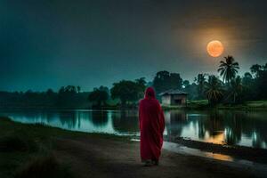 une femme dans une rouge peignoir des promenades le long de le rive de une rivière. généré par ai photo