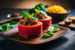 deux rouge poivrons sur une assiette avec fromage et herbes. généré par ai photo