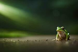 une grenouille séance sur le sol dans de face de une vert Contexte. généré par ai photo