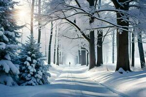 une neigeux route dans le milieu de une forêt. généré par ai photo