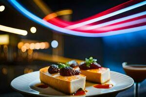 une dessert sur une assiette avec une verre de du vin. généré par ai photo