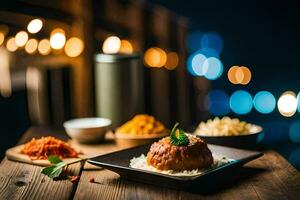 une assiette de nourriture sur une en bois table avec lumières dans le Contexte. généré par ai photo