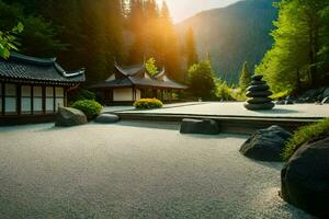 une Japonais jardin avec rochers et des pierres. généré par ai photo
