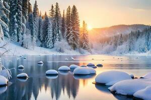 photo fond d'écran le ciel, neige, des arbres, rivière, eau, des arbres, rivière, eau,. généré par ai