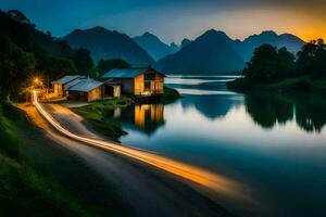 une longue exposition photographier de une maison et une rivière à le coucher du soleil. généré par ai photo