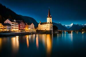 une ville avec une église et pont à nuit. généré par ai photo