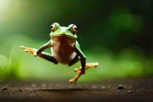 une grenouille sauter dans le air. généré par ai photo