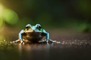 une grenouille séance sur le sol avec une floue Contexte. généré par ai photo