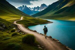 une homme des promenades le long de une chemin près une Lac dans le montagnes. généré par ai photo