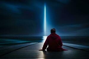 une homme séance sur une Dock à la recherche à une lumière faisceau. généré par ai photo