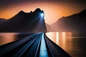 une train des pistes Aller par le montagnes à le coucher du soleil. généré par ai photo